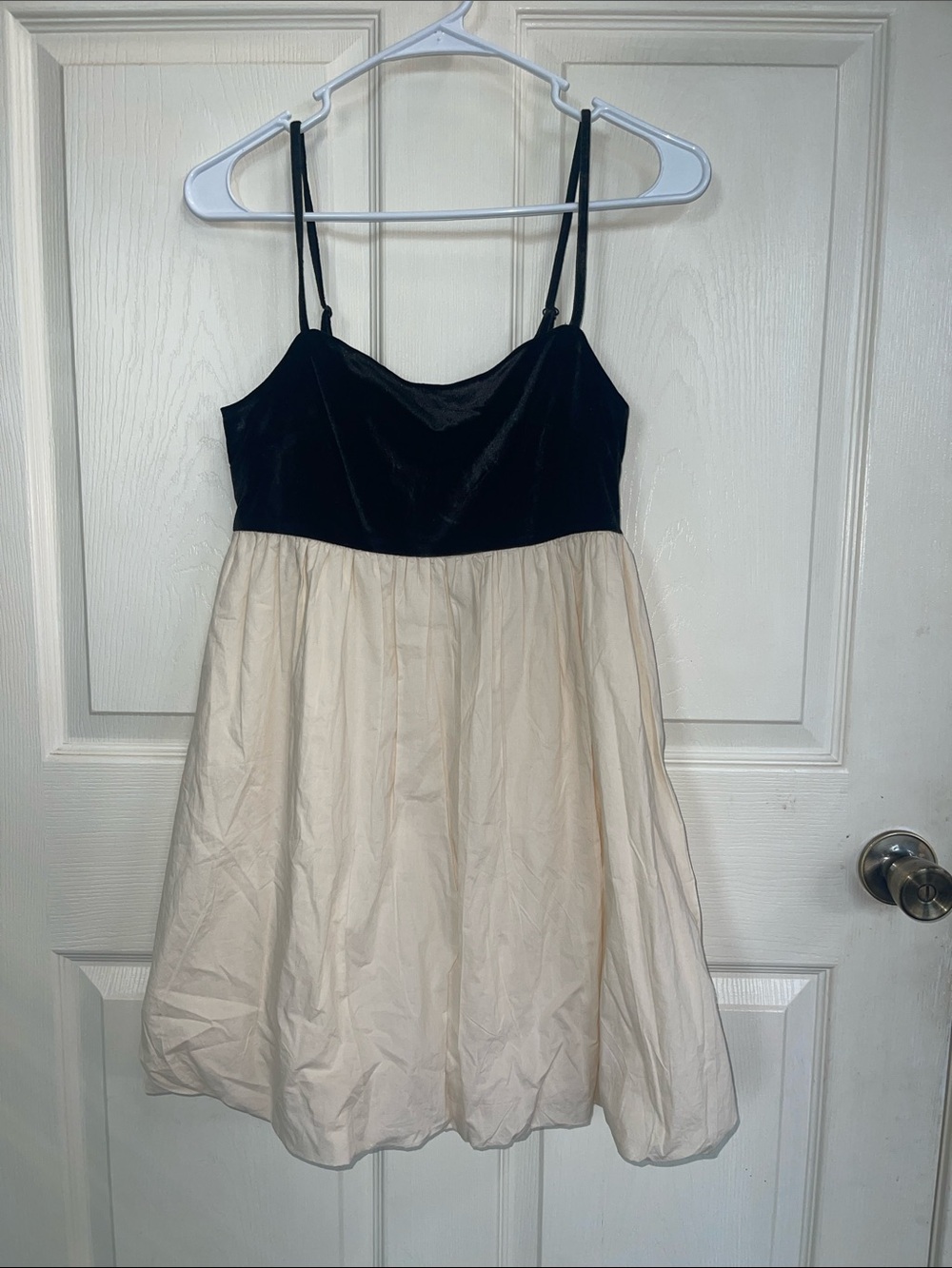 Two-Tone Velvet & Satin Chemise — Black Top, Cream Skirt
